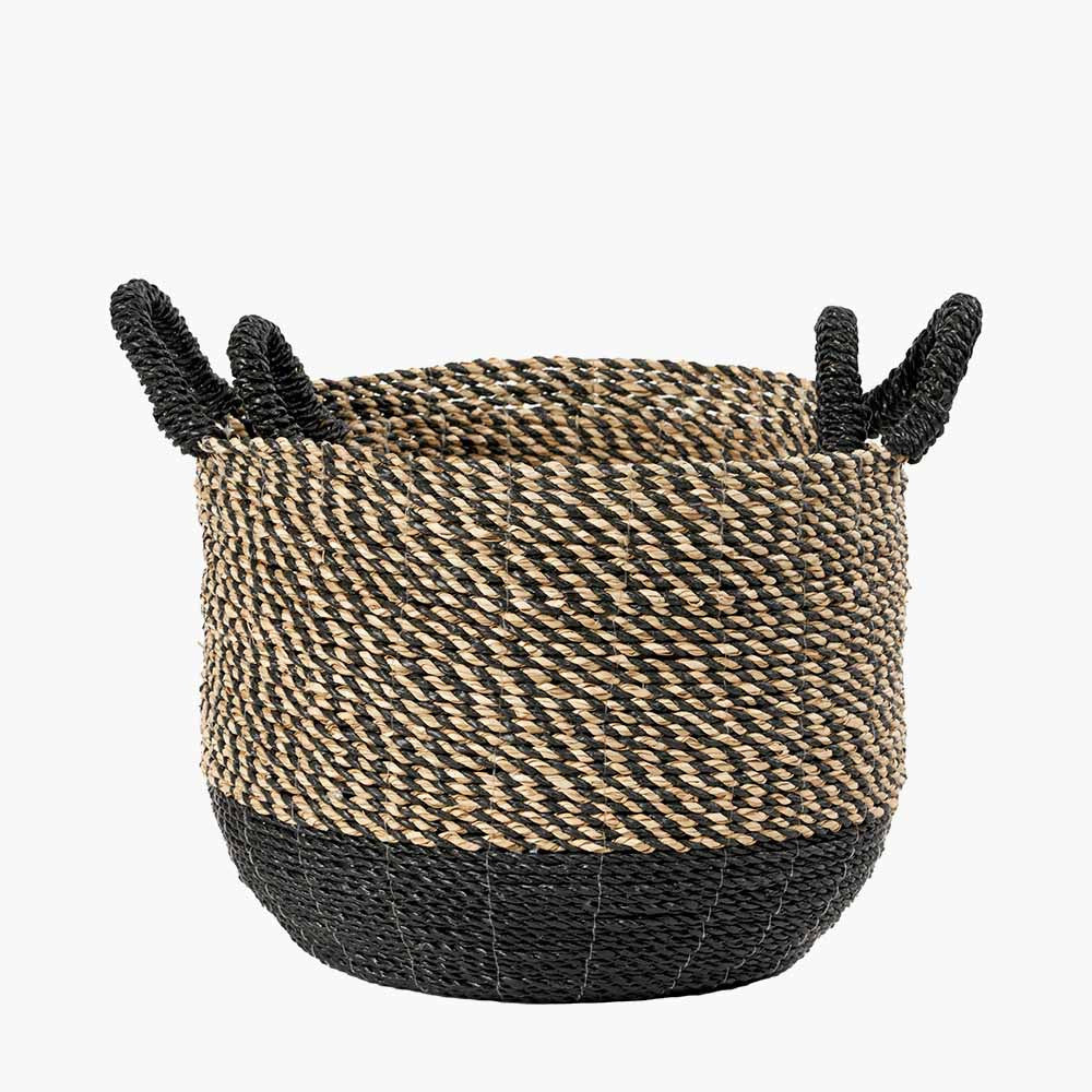 Set of 2 Seagrass Natural & Black Round Handled Baskets